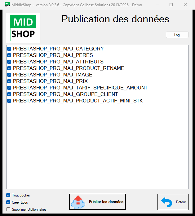 Écran Publication des données vers PrestaShop