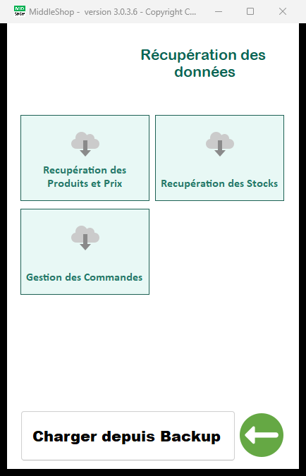 Écran Récupération des données : produits et prix, stocks, gestion des commandes, chargement depuis une sauvegarde